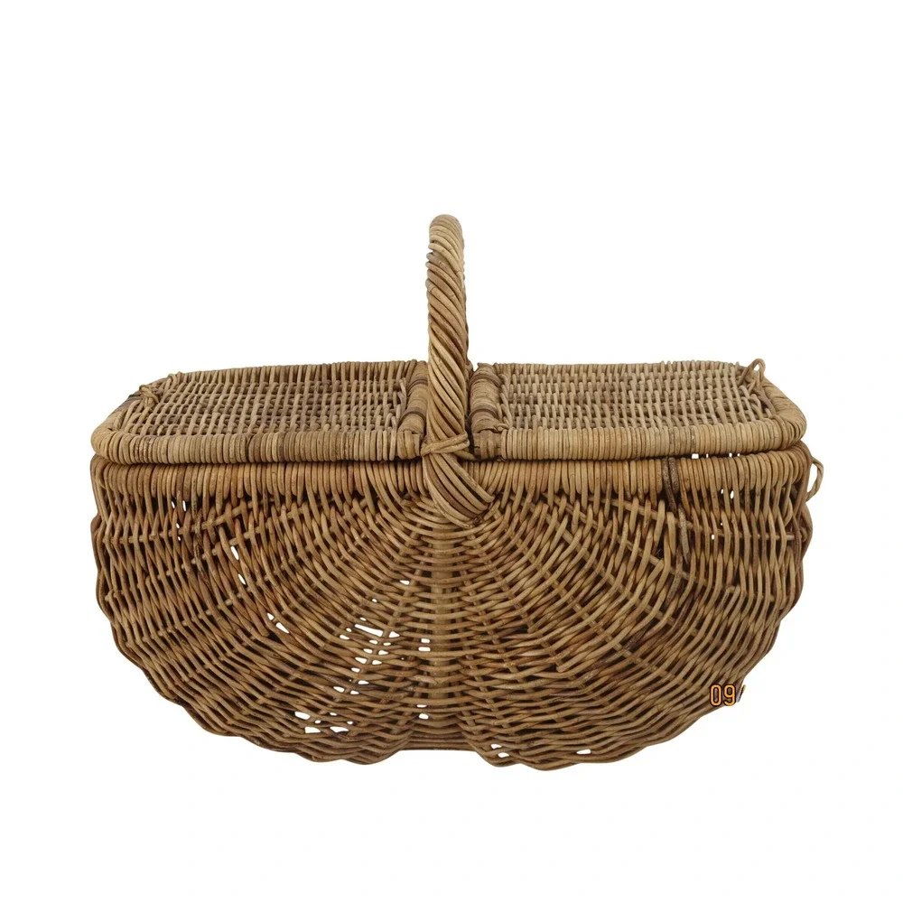 Vintage French Country Wicker Picnic Basket Double Bottom Rattan Hinged Lid